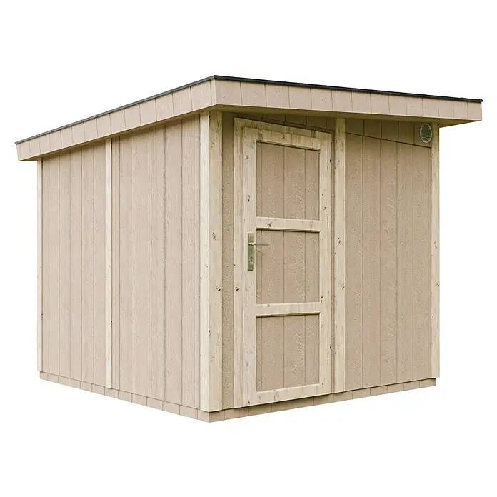Timbela Gerätehaus M903 - Außenmaß inkl. Dachüberstand (B x T): 294 x 279 cm, Holz, Beige - Ansicht eines kleinen Holzschuppens mit einer einfachen Holztür und einem flachen Dach, ideal für die Lagerung im Garten.