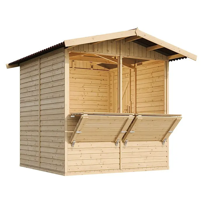 Timbela Marktstand M149 - Außenbreite inkl. Dachüberstand: 253 cm, Außentiefe inkl. Dachüberstand: 263 cm, Natur - Bild eines hölzernen Marktstandes mit zwei herunterklappbaren Thekenfronten. Ideal für Wochenmärkte und Veranstaltungen.