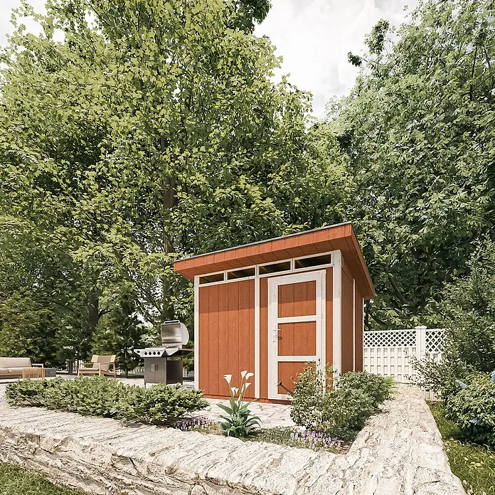 Timbela Gerätehaus M903 - Außenmaß inkl. Dachüberstand (B x T): 294 x 279 cm, Holz, Beige - Gartenszene mit einem schlichten, modernen Geräteschuppen in Braun und Weiß, umgeben von üppigem Grün und einem Steingarten.