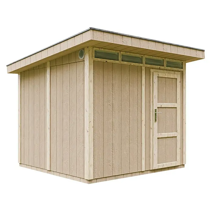 Timbela Gerätehaus M903 - Außenmaß inkl. Dachüberstand (B x T): 294 x 279 cm, Holz, Beige - Holzgartenhaus mit Satteldach, Tür und Fenstern. Ideal zur Aufbewahrung von Gartengeräten und Werkzeugen.
