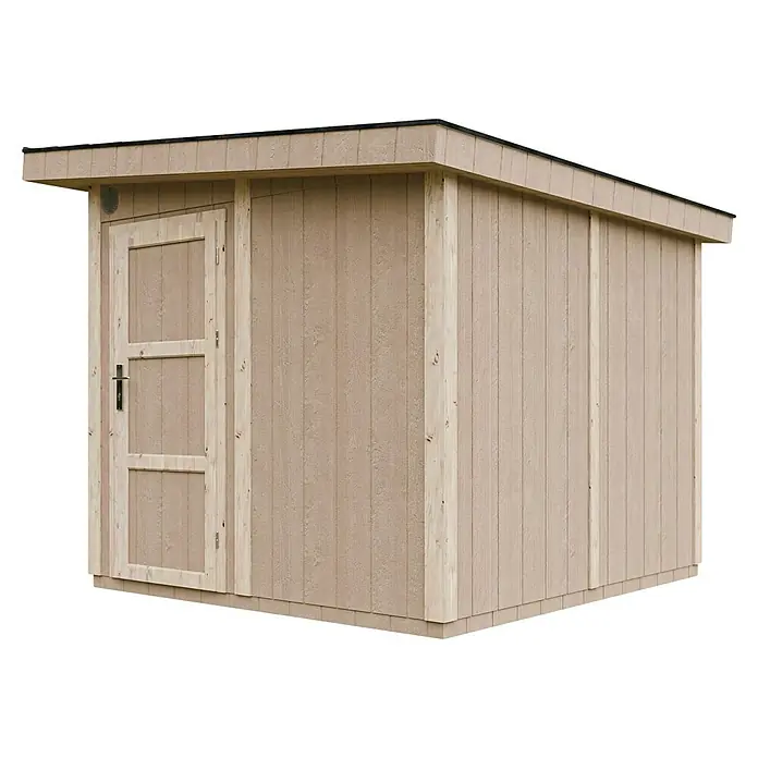 Timbela Gerätehaus M903 - Außenmaß inkl. Dachüberstand (B x T): 294 x 279 cm, Holz, Beige - Ein geräumiges Gartenhaus aus Holz mit einer stabilen Tür und einem geneigten Dach, ideal für die Lagerung von Gartengeräten und Zubehör.