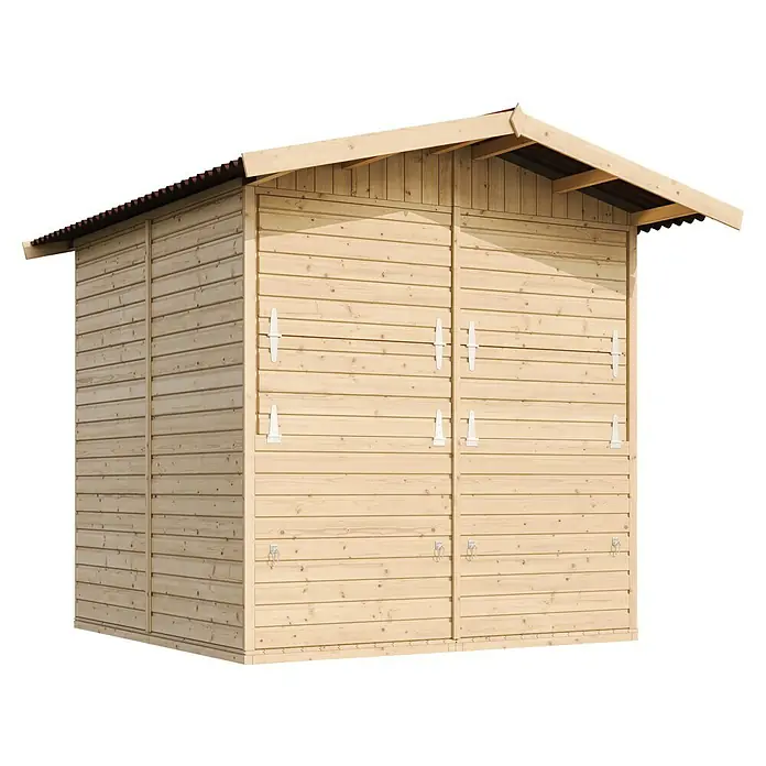 Timbela Marktstand M149 - Außenbreite inkl. Dachüberstand: 253 cm, Außentiefe inkl. Dachüberstand: 263 cm, Natur - Ein zweigeteilter Holzschuppen mit einem markanten Satteldach und weißen Verschlüssen an den Türen. Die natürliche Holzmaserung ist gut sichtbar.