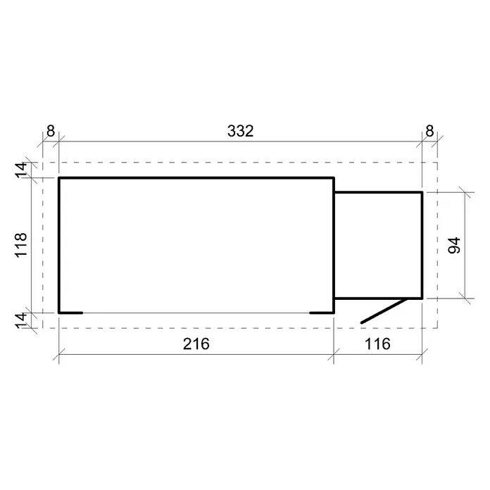 Timbela Gerätehaus M205 - Außenbreite inkl. Dachüberstand: 348 cm, Außentiefe inkl. Dachüberstand: 146 cm, Holz, Natur - Draufsicht eines Gebäudes mit Maßangaben für seine Abmessungen.