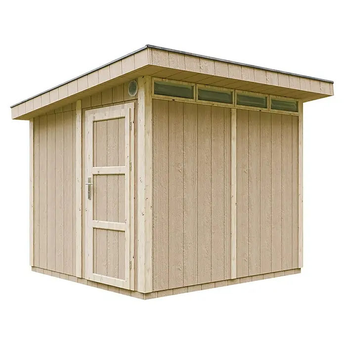 Timbela Gerätehaus M903 - Außenmaß inkl. Dachüberstand (B x T): 294 x 279 cm, Holz, Beige - Abbildung eines hellbraunen Holzschuppens mit Tür und Fenstern unter dem Dach.
