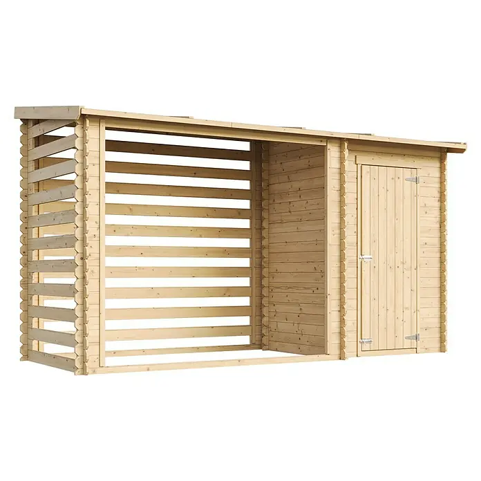 Timbela Gerätehaus M205 - Außenbreite inkl. Dachüberstand: 348 cm, Außentiefe inkl. Dachüberstand: 146 cm, Holz, Natur - Abbildung eines Holzschuppens mit Lagerraum und abschliessbarem Bereich, ideal für Garten und Aussenbereich.