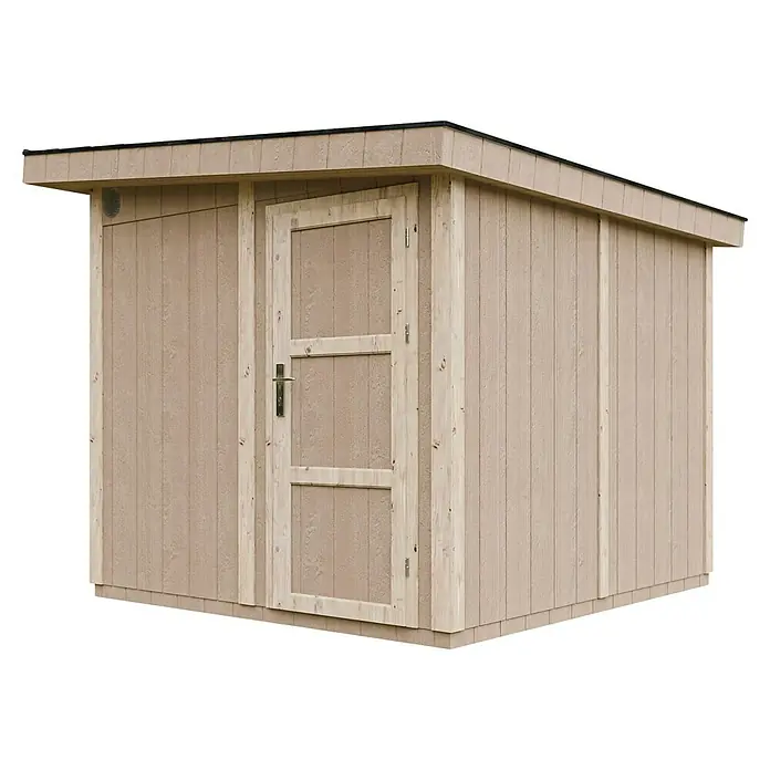 Timbela Gerätehaus M903 - Außenmaß inkl. Dachüberstand (B x T): 294 x 279 cm, Holz, Beige - Geräumiges Gartenschuppen mit Holztür und abschüssigem Dach zur Aufbewahrung von Werkzeugen und Gartengeräten.
