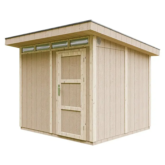 Timbela Gerätehaus M903 - Außenmaß inkl. Dachüberstand (B x T): 294 x 279 cm, Holz, Beige - Holzschuppen mit Tür, Dachfenstern und Entlüftungsöffnung. Ideal für die Gartenaufbewahrung.