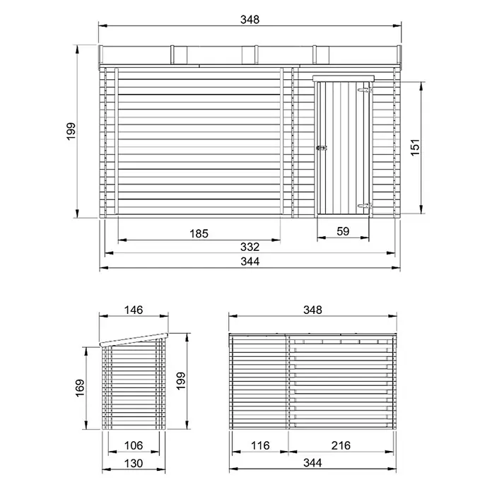 Timbela Gerätehaus M205 - Außenbreite inkl. Dachüberstand: 348 cm, Außentiefe inkl. Dachüberstand: 146 cm, Holz, Natur - Technische Zeichnung eines Gartenhauses mit Seitenansicht, Vorderansicht und Draufsicht mit Bemaßung.