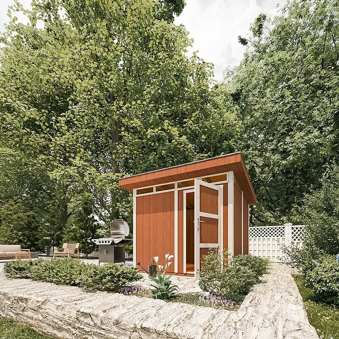 Timbela Gerätehaus M903 - Außenmaß inkl. Dachüberstand (B x T): 294 x 279 cm, Holz, Beige - Holzschuppen mit offenstehender Tür im Garten. Ideal für Gartengeräte und -möbel, fügt sich nahtlos in die natürliche Umgebung ein.