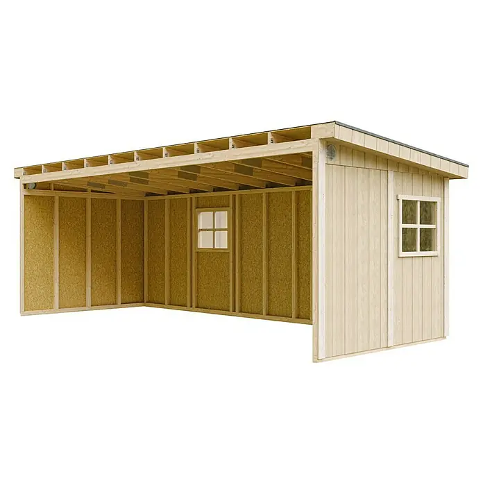 Timbela Gerätehaus M941B - Außenmaß inkl. Dachüberstand (B x T): 248 x 648 cm, Holz, Natur - Abbildung eines Holzschuppens mit einer offenen Seite, der die Holzkonstruktion und ein kleines Fenster zeigt.