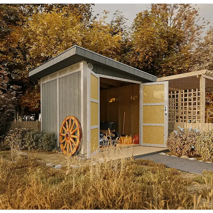 Timbela Gerätehaus M903A - Außenmaß inkl. Dachüberstand (B x T): 294 x 279 cm, Holz, Grau - Gartenschuppen mit offenstehenden Türen und rustikalem Wagenrad als Dekoration im Garten mit herbstlicher Atmosphäre.