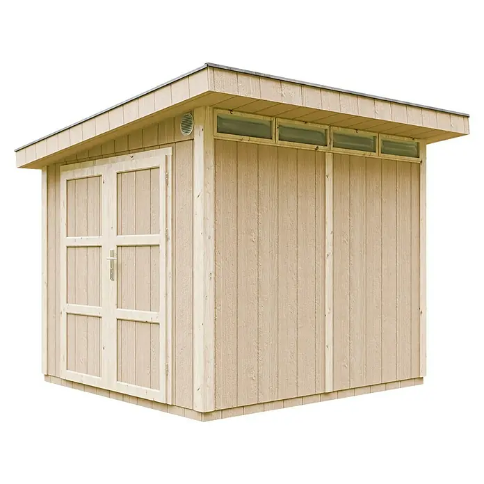 Timbela Gerätehaus M903A - Außenmaß inkl. Dachüberstand (B x T): 294 x 279 cm, Holz, Grau - Außenaufnahme eines Holzgartenschuppens mit Doppeltür und Oberlichtern zur natürlichen Belichtung.