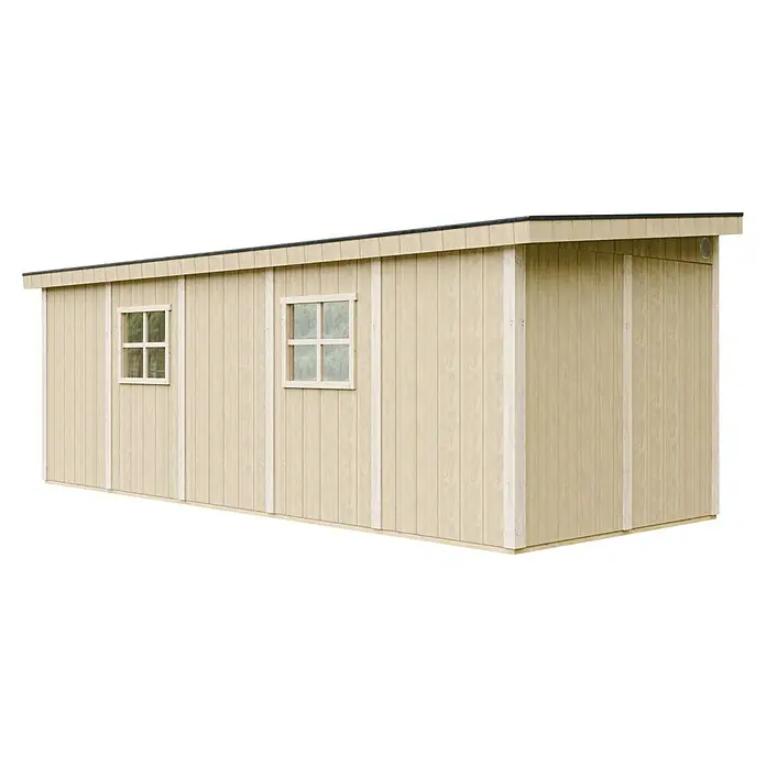 Timbela Gerätehaus M941B - Außenmaß inkl. Dachüberstand (B x T): 248 x 648 cm, Holz, Natur - Gartenhaus mit zwei Fenstern und hellbrauner Holzverkleidung, ideal für die Aufbewahrung von Gartengeräten oder als Hobbyraum im Freien.