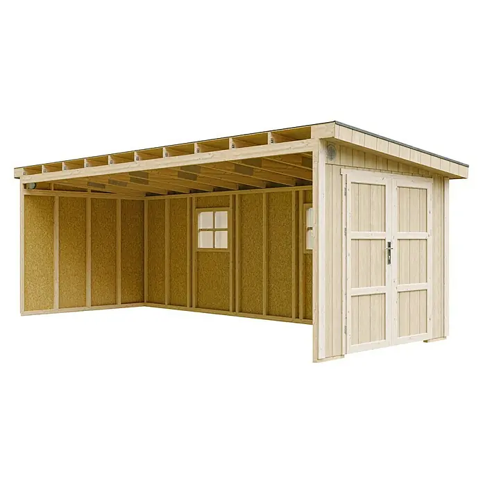 Timbela Gerätehaus M941B - Außenmaß inkl. Dachüberstand (B x T): 248 x 648 cm, Holz, Natur - Darstellung eines unbehandelten Holzschuppens mit Doppeltür und Fenster. Ideal für die Lagerung im Freien.