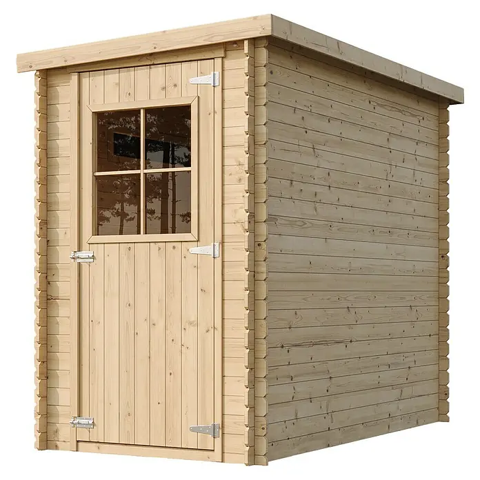 Timbela Gerätehaus M306 - Außenmaß inkl. Dachüberstand (B x T): 144 x 239 cm, Holz, Natur, Ohne Fußboden - Ein helles Holzgartenhaus mit Tür, Fenster und Beschlägen. Ideal für die Gartenarbeit und Werkzeuge.
