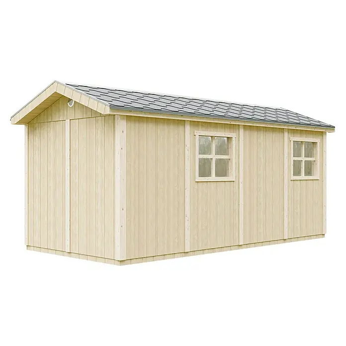 Timbela Gerätehaus M915C - Außenmaß inkl. Dachüberstand (B x T): 530 x 250 cm, Holz, Natur - Holzschuppen mit zwei Fenstern und grauen Ziegeln. Das Gartenhaus bietet Platz für Gartengeräte.