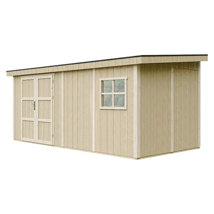Timbela Gerätehaus M940B - Außenmaß inkl. Dachüberstand (B x T): 248 x 530 cm, Holz, Natur - Ein geräumiges Gartenhaus aus Holz mit Doppeltür und Fenster, ideal für die Aufbewahrung von Gartengeräten und Werkzeugen.