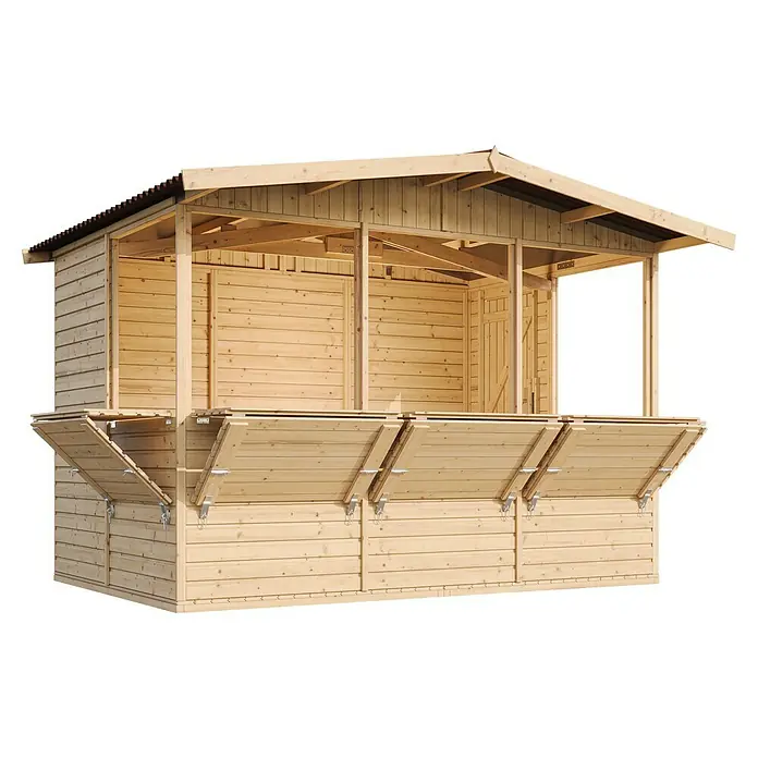 Timbela Marktstand M150B - Außenbreite inkl. Dachüberstand: 336 cm, Außentiefe inkl. Dachüberstand: 263 cm, Natur - Eine hölzerne Verkaufsbude mit ausgeklappten Verkaufsklappen, ideal für Märkte und Veranstaltungen, aus hochwertigem Holz gefertigt.