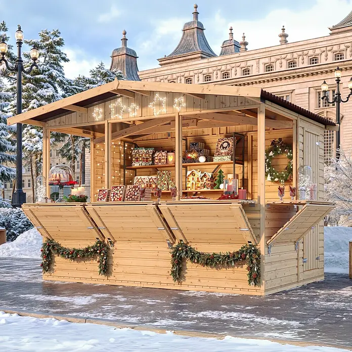 Timbela Marktstand M150B - Außenbreite inkl. Dachüberstand: 336 cm, Außentiefe inkl. Dachüberstand: 263 cm, Natur - Festlicher Weihnachtsmarktstand mit Dekorationen.