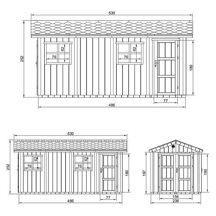 Timbela Gerätehaus M915C - Außenmaß inkl. Dachüberstand (B x T): 530 x 250 cm, Holz, Natur - Technische Zeichnung eines Gartenhauses mit Maßangaben zu Höhe, Breite und Dachlänge.