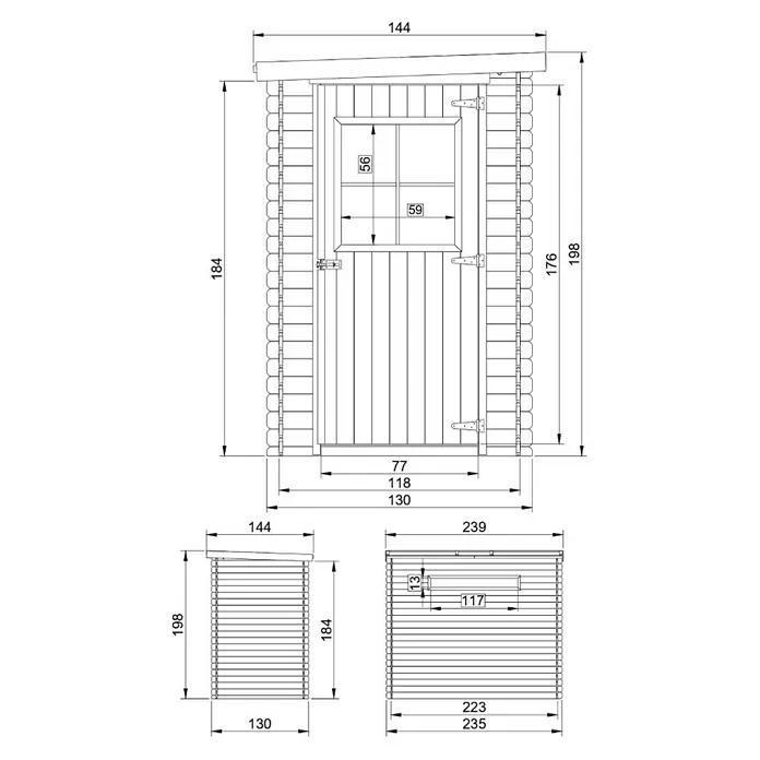 Timbela Gerätehaus M306 - Außenmaß inkl. Dachüberstand (B x T): 144 x 239 cm, Holz, Natur, Ohne Fußboden - Abbildung eines Gartenhauses mit Größenangaben, inklusive Tür und Fenster.