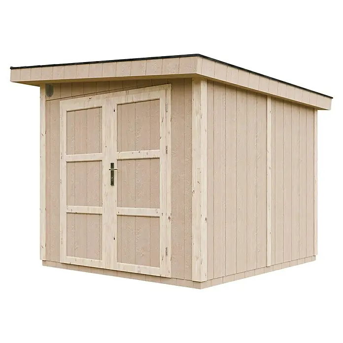 Timbela Gerätehaus M903A - Außenmaß inkl. Dachüberstand (B x T): 294 x 279 cm, Holz, Grau - Abbildung eines Holzschuppens mit Doppeltüren und einem schlichten Dach. Die natürliche Holzfarbe verleiht ihm eine rustikale Ästhetik.