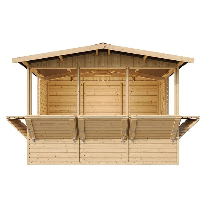 Timbela Marktstand M150B - Außenbreite inkl. Dachüberstand: 336 cm, Außentiefe inkl. Dachüberstand: 263 cm, Natur - Das Bild zeigt eine hölzerne Verkaufsbude mit herunterklappbaren Theken, ideal für Märkte oder Veranstaltungen. Die Konstruktion ist stabil und einladend.