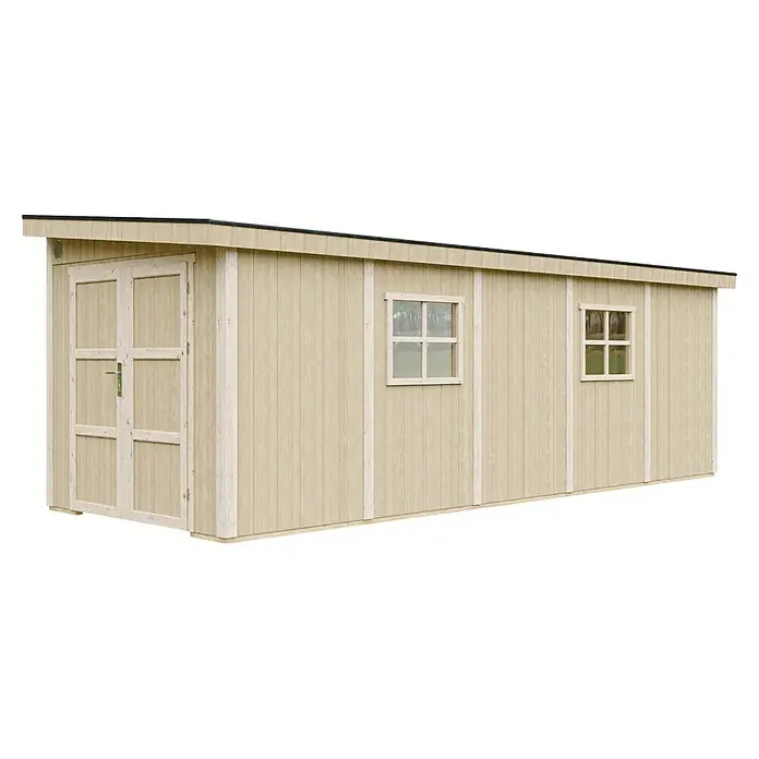 Timbela Gerätehaus M941B - Außenmaß inkl. Dachüberstand (B x T): 248 x 648 cm, Holz, Natur - Abbildung eines beigen Gartenhauses mit Doppeltür und zwei Fenstern, das zusätzlichen Stauraum im Freien bietet.