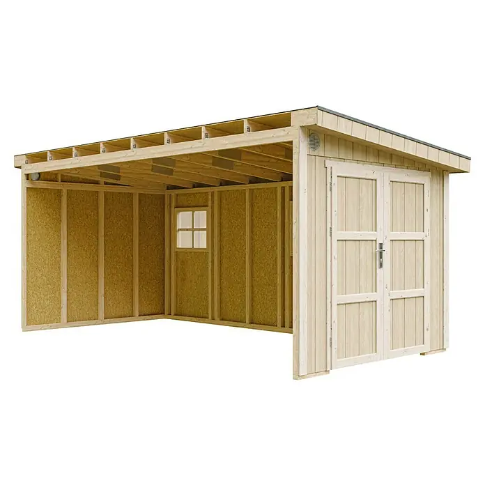 Timbela Gerätehaus M940B - Außenmaß inkl. Dachüberstand (B x T): 248 x 530 cm, Holz, Natur - Holzschuppen mit Doppeltür und offenem Anbau. Ideal zur Lagerung von Gartengeräten und als Unterstand für Fahrräder. Robust und wetterfest.
