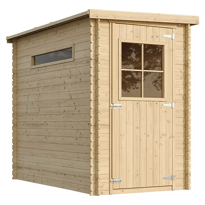 Timbela Gerätehaus M306 - Außenmaß inkl. Dachüberstand (B x T): 144 x 239 cm, Holz, Natur, Ohne Fußboden - Ein Holzschuppen mit Tür und kleinem Fenster. Das Gerätehaus ist aus hellem Holz gefertigt und bietet Stauraum im Garten.