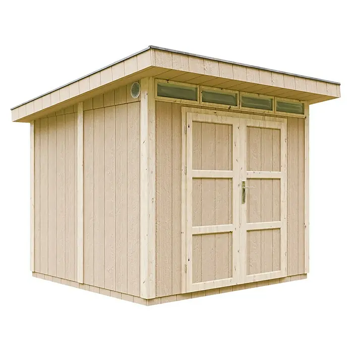 Timbela Gerätehaus M903A - Außenmaß inkl. Dachüberstand (B x T): 294 x 279 cm, Holz, Grau - Ein hellbraunes Holzgartenhaus mit Doppeltüren und Fenstern unter dem Dachüberhang. Ideal für die Gartenaufbewahrung.
