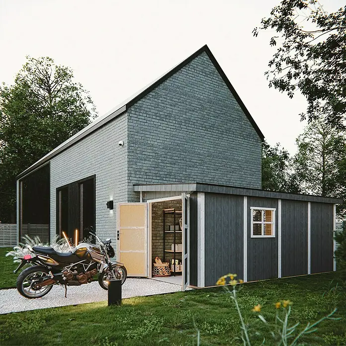 Timbela Gerätehaus M940B - Außenmaß inkl. Dachüberstand (B x T): 248 x 530 cm, Holz, Natur - Das graue Gartenhaus bietet Stauraum und fügt sich mit seinem Design optimal in den Garten ein. Praktische Lösung für jedes Grundstück.