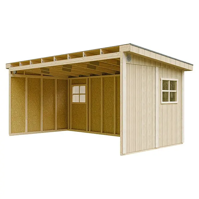 Timbela Gerätehaus M940B - Außenmaß inkl. Dachüberstand (B x T): 248 x 530 cm, Holz, Natur - Abbildung eines Holzschuppens mit Fenster, die die Holzkonstruktion und das Design des Schuppens zeigt.
