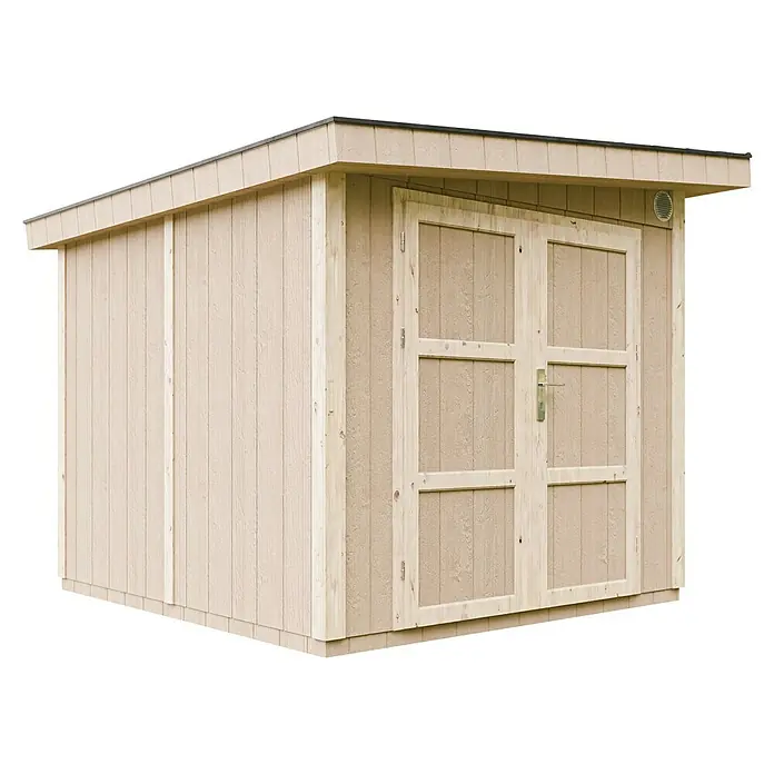 Timbela Gerätehaus M903A - Außenmaß inkl. Dachüberstand (B x T): 294 x 279 cm, Holz, Grau - Ein beiges Holzschuppen mit Doppeltüren und einem flachen Dach vor einem schwarzen Hintergrund. Perfekt für die Gartenaufbewahrung.