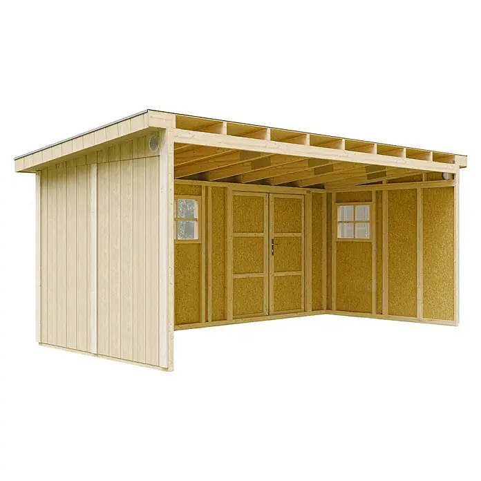 Timbela Gerätehaus M940B - Außenmaß inkl. Dachüberstand (B x T): 248 x 530 cm, Holz, Natur - Nahaufnahme eines Holzschuppens mit sichtbarer Holzkonstruktion, der die Details der Bauweise und das natürliche Material hervorhebt.