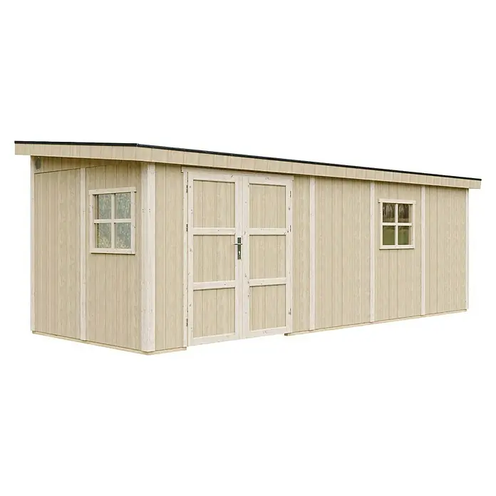 Timbela Gerätehaus M941B - Außenmaß inkl. Dachüberstand (B x T): 248 x 648 cm, Holz, Natur - Außenansicht eines Holzschuppens mit Doppeltüren und Fenstern, der eine praktische und ästhetische Aufbewahrungslösung bietet.