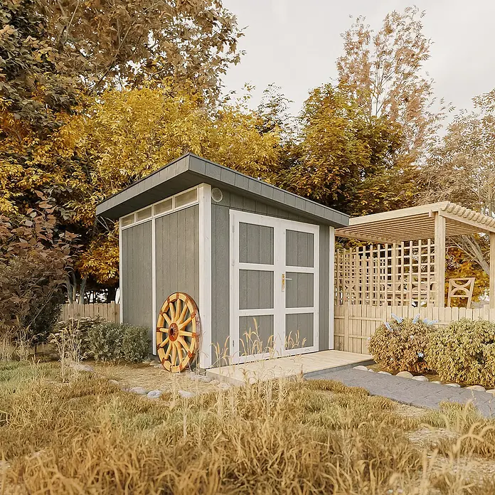Timbela Gerätehaus M903A - Außenmaß inkl. Dachüberstand (B x T): 294 x 279 cm, Holz, Grau - Ein graues Gartenhaus mit Doppeltür und Holzrad an der Seite, umgeben von herbstlicher Natur.