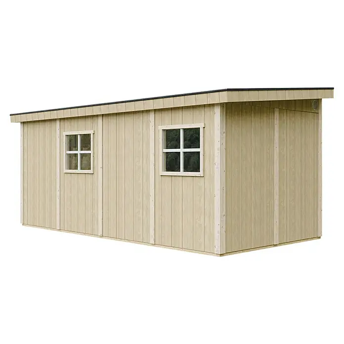 Timbela Gerätehaus M940B - Außenmaß inkl. Dachüberstand (B x T): 248 x 530 cm, Holz, Natur - Außenansicht eines modernen Holzgartenschuppens mit zwei Fenstern und einem geneigten Dach. Das Produkt ist ein gut gestalteter und praktischer Lagerraum.