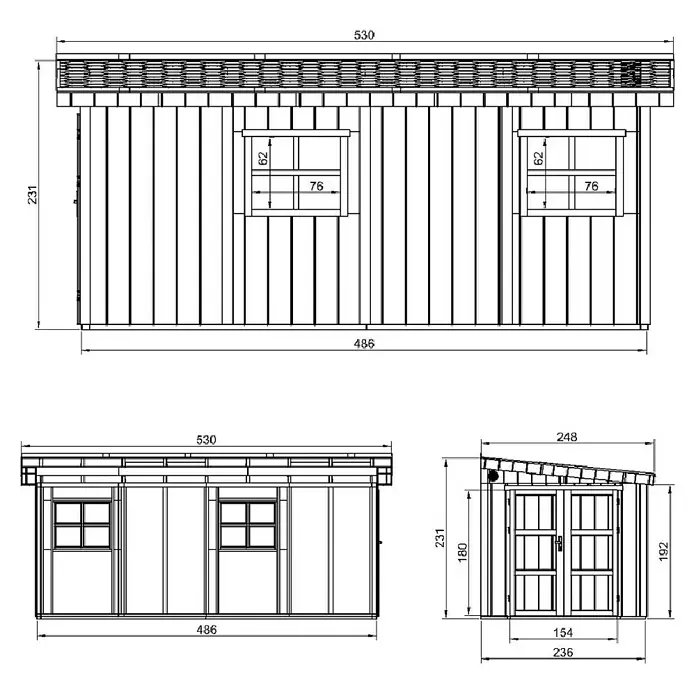 Timbela Gerätehaus M940B - Außenmaß inkl. Dachüberstand (B x T): 248 x 530 cm, Holz, Natur - Dreiseitenansicht eines Gartenhauses mit Fenstern und Doppeltür, detaillierte Maße für Bau oder Planung.