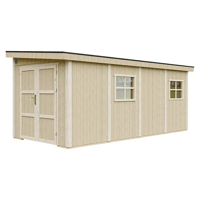 Timbela Gerätehaus M940B - Außenmaß inkl. Dachüberstand (B x T): 248 x 530 cm, Holz, Natur - Holzgartenhaus mit Doppeltür und Fenstern. Das Gartenhaus bietet viel Stauraum und ist ideal für den Garten.