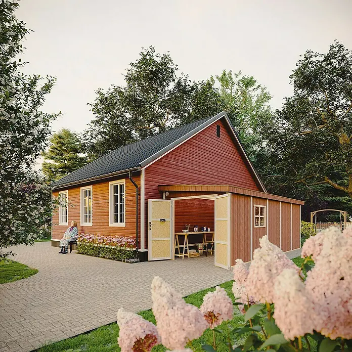 Timbela Gerätehaus M941B - Außenmaß inkl. Dachüberstand (B x T): 248 x 648 cm, Holz, Natur - Dieses Bild zeigt ein charmantes Holzhaus mit einem offenen Anbau, umgeben von üppigem Grün und blühenden Blumen.