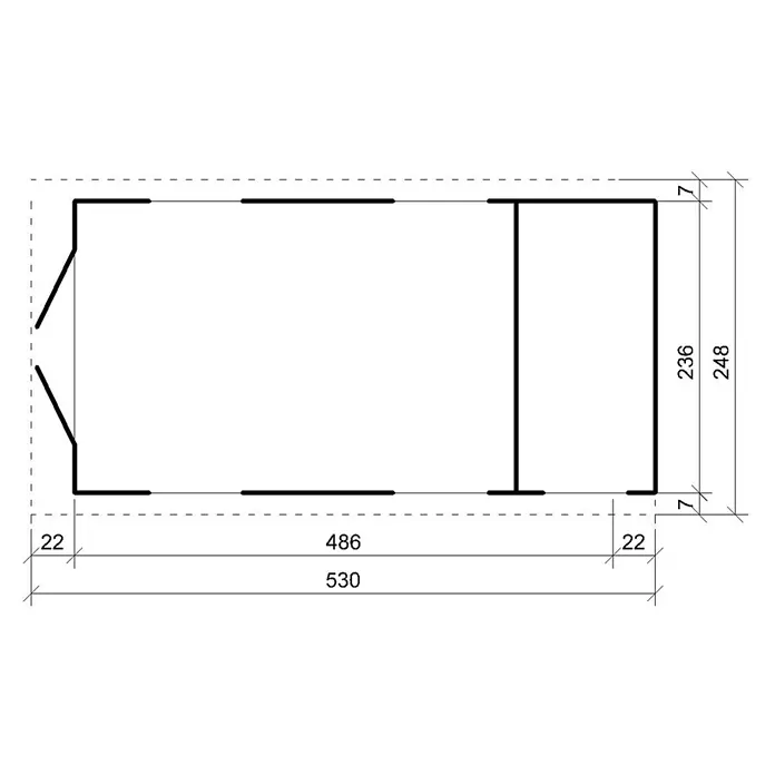 Timbela Gerätehaus M915C - Außenmaß inkl. Dachüberstand (B x T): 530 x 250 cm, Holz, Natur - Eine technische Zeichnung mit Abmessungen eines Gebäude Grundrisses, der das Layout und die Maße des Bauwerks zeigt.
