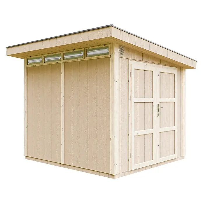 Timbela Gerätehaus M903A - Außenmaß inkl. Dachüberstand (B x T): 294 x 279 cm, Holz, Grau - Ein helles Holzgartenhaus mit Doppeltür und Oberlichtern bietet praktischen Stauraum für den Garten.