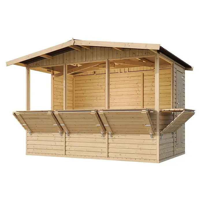 Timbela Marktstand M150B - Außenbreite inkl. Dachüberstand: 336 cm, Außentiefe inkl. Dachüberstand: 263 cm, Natur - Das Bild zeigt einen hölzernen Verkaufsstand mit herunterklappbaren Theken. Ideal für Märkte und Veranstaltungen im Freien.