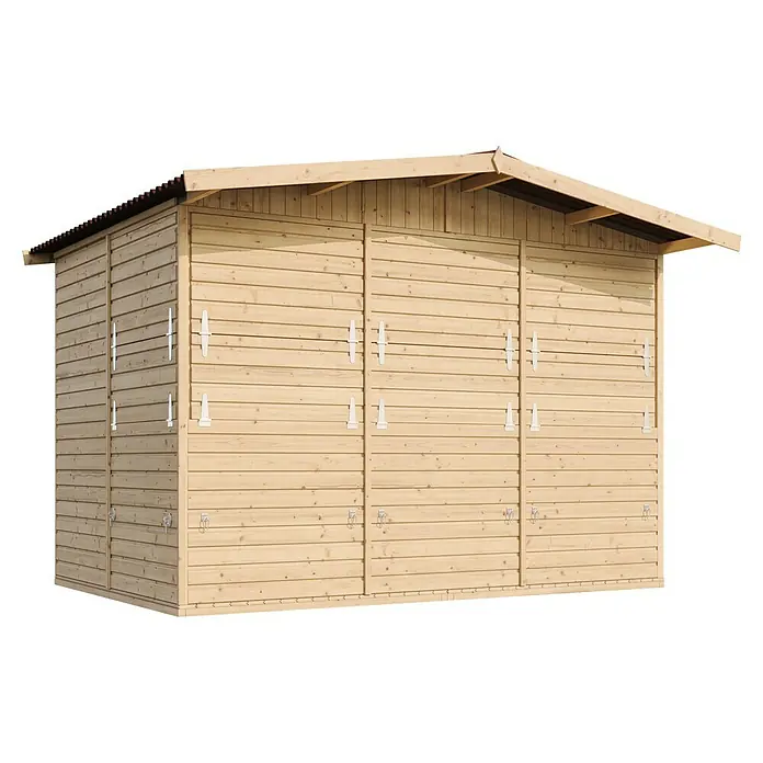 Timbela Marktstand M150B - Außenbreite inkl. Dachüberstand: 336 cm, Außentiefe inkl. Dachüberstand: 263 cm, Natur - Nahaufnahme eines Holzschuppens mit drei Türen, die jeweils mit weißen Scharnieren und Verriegelungen ausgestattet sind. Die Holzstruktur ist deutlich sichtbar.