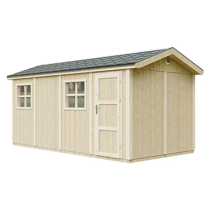 Timbela Gerätehaus M915C - Außenmaß inkl. Dachüberstand (B x T): 530 x 250 cm, Holz, Natur - Ein geräumiges Gartenhaus mit hellbeiger Holzverkleidung, grauen Dachziegeln, zwei Fenstern und einer Tür, ideal für die Gartenaufbewahrung.