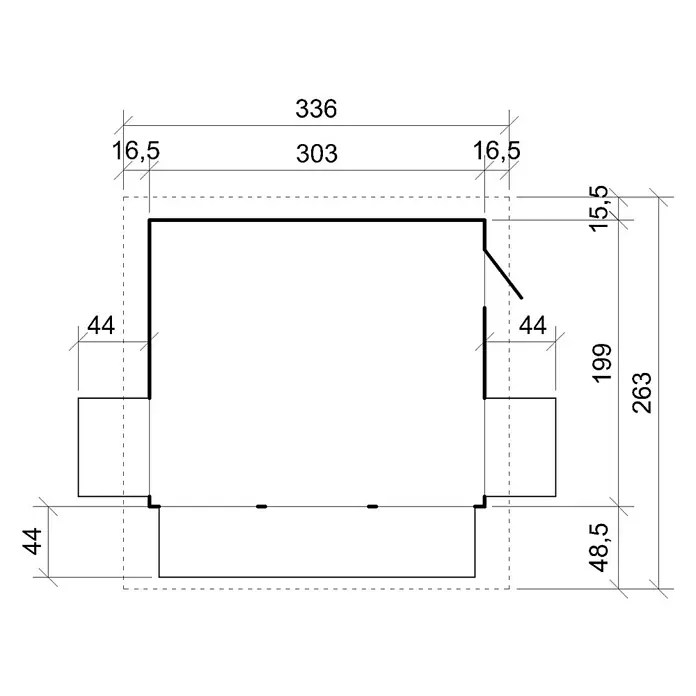 Timbela Marktstand M150B - Außenbreite inkl. Dachüberstand: 336 cm, Außentiefe inkl. Dachüberstand: 263 cm, Natur - Bauplanansicht eines Gartenhauses mit detaillierten Maßangaben. Eine technische Zeichnung des Hauses mit allen wichtigen Abmessungen.