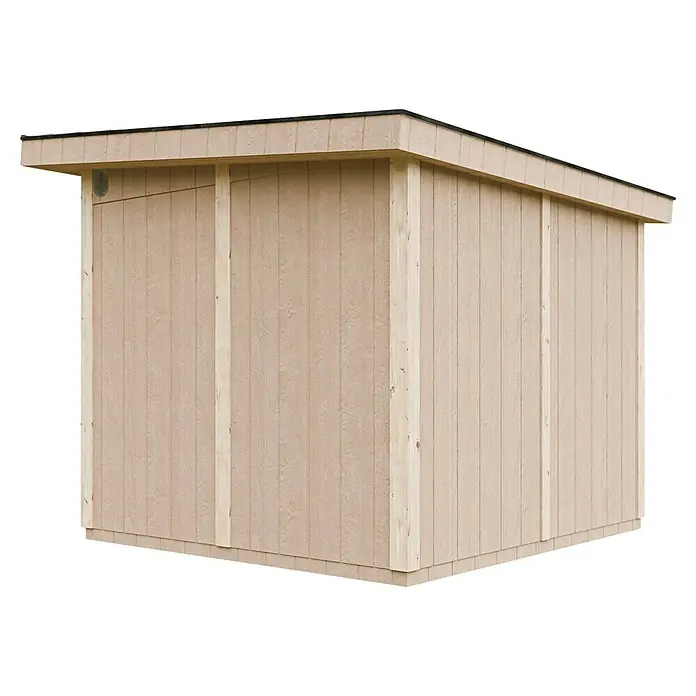 Timbela Gerätehaus M903A - Außenmaß inkl. Dachüberstand (B x T): 294 x 279 cm, Holz, Grau - Detailansicht eines Holzschuppens mit Bretterverkleidung, der die Bauweise und das Material des Produkts hervorhebt.