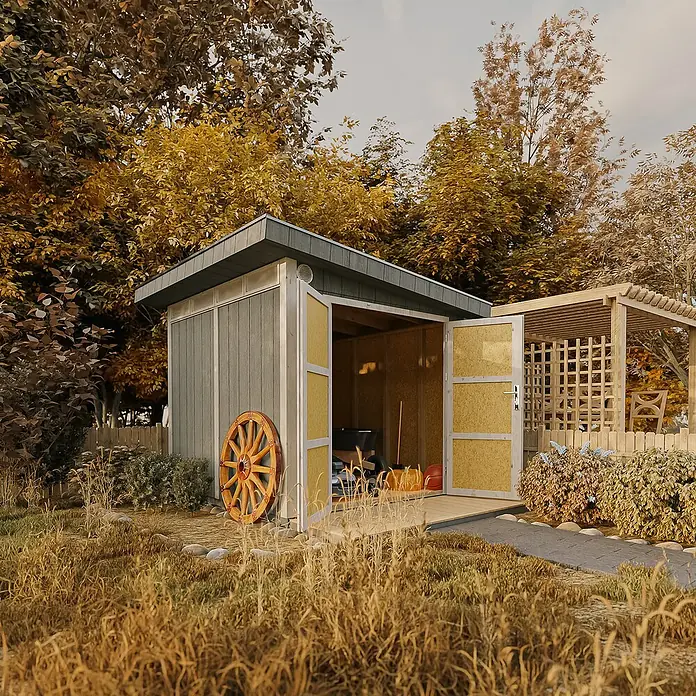 Timbela Gerätehaus M903A - Außenmaß inkl. Dachüberstand (B x T): 294 x 279 cm, Holz, Grau - Geräumiger Gartenschuppen mit geöffneten Türen und rustikalem Wagenrad im herbstlichen Garten. Praktischer Stauraum für Gartengeräte.