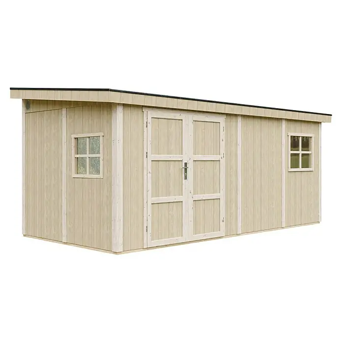 Timbela Gerätehaus M940B - Außenmaß inkl. Dachüberstand (B x T): 248 x 530 cm, Holz, Natur - Abbildung eines Holzgartenschuppens in neutralen Tönen mit Doppeltüren, einem Fenster und einem geneigten Dach.